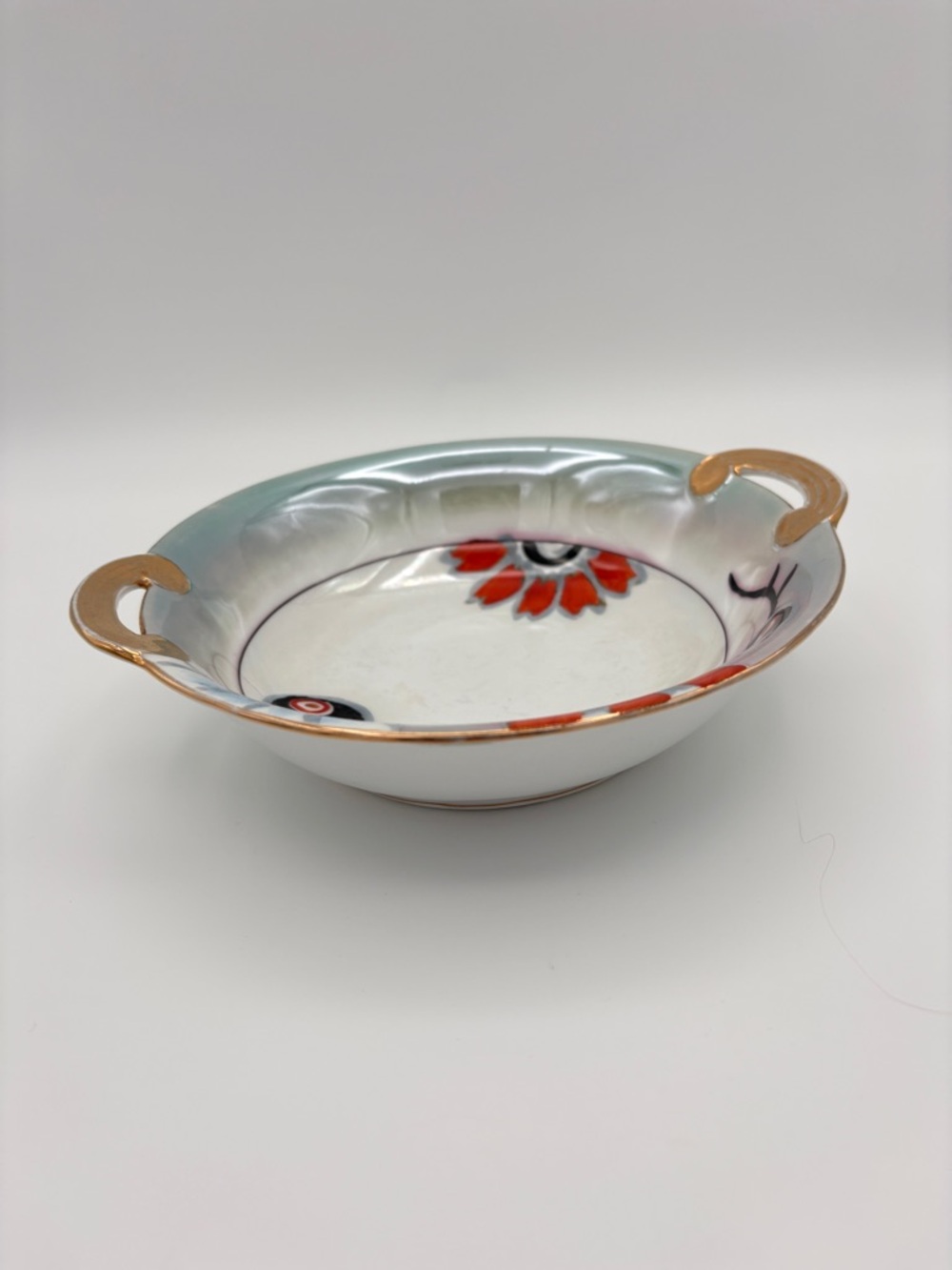 Vintage Noritake Lusterware Floral Bowl Gold Handles Japan 8”